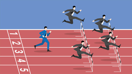 Business competition concept. The faster group of rival businessmen jumping overcomes obstacles by running faster and better start. The slowest businessman is following and keeps up with competitors.