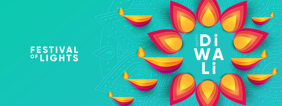 Diwali Hindu festival greeting design in paper cut style with oil lamps and beautiful bright flower of lights. Holiday background for branding greeting card, banner, cover, flyer or poster