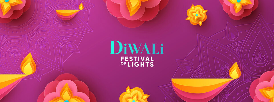 Diwali Hindu festival greeting design in paper cut style with oil lamps and beautiful bright flower of lights. Holiday background for branding greeting card, banner, cover, flyer or poster