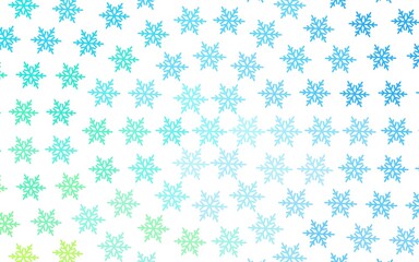 Light Blue, Green vector template with ice snowflakes, stars.