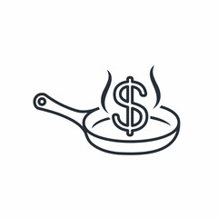 A dollar in a frying pan. Financial kitchen. Money diet. Vector linear icon isolated on white background.