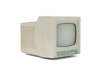 Side view of a gray retro monitor isolated on a white background.