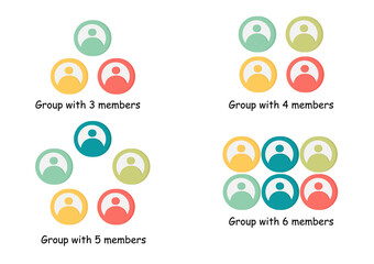 workgroup icon set with one group having 3 , 4 , 5 and 6 members, with a business theme