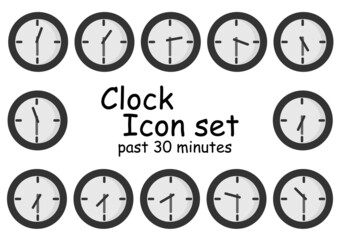 a collection of wall clock illustrations with past 30 minutes on every hour