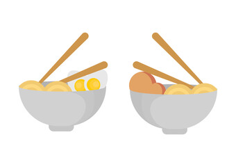 illustration of noodles and eggs, and noodles and meatballs in a bowl with chopsticks on it
