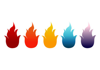 a collection of simple illustrations of five types of fire designs with different colors with gradient techniques