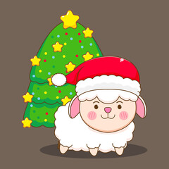 Cute sheep with santa hat and christmas tree