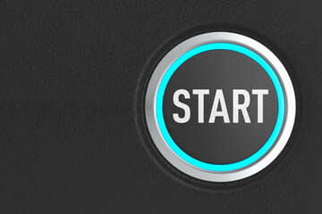 push button with text start on dark background. 3D illustration