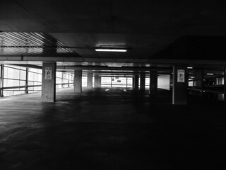 black and white parking lot