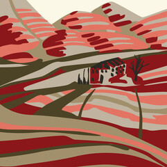 Vector colored abstract mountain landscape with house and tree