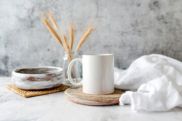 Coffee mug mockup, boho or kitchen themed mug mock up, neutral tones. Concept branding mock up for...