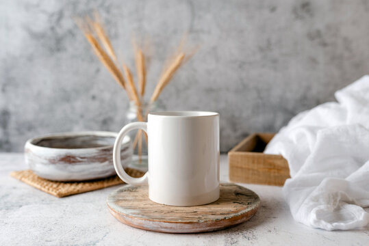 Coffee Mug Mockup, Boho Or Kitchen Themed Mug Mock Up, Neutral Tones. Concept Branding Mock Up For Logo Or Design.