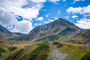 Fototapeta premium 富山県立山町の立山の秋の紅葉の季節に登山している風景 Scenery of climbing Tateyama Mountain in Tateyama Town, Toyama Prefecture, Japan during the season of autumn leaves. 