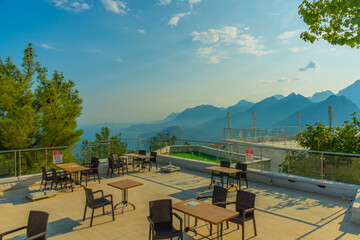 ANTALYA, TURKEY: Cafe at the top of the Cable car on Mount Tyunektepe on a sunny summer day.