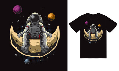 astronaut sitting on moon illustration with tshirt design premium vector - obrazy, fototapety, plakaty