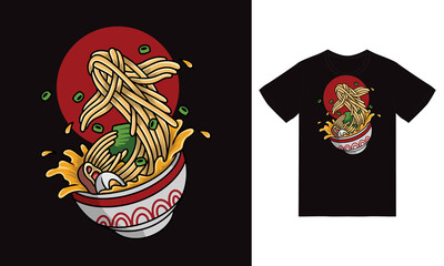 Fish ramen noodles illustration with tshirt design premium vector