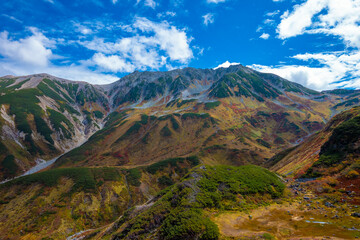 富山県立山町の立山の秋の紅葉の季節に登山している風景 Scenery of climbing Tateyama Mountain in Tateyama Town, Toyama Prefecture, Japan during the season of autumn leaves. 