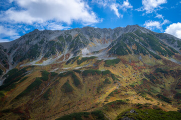富山県立山町の立山の秋の紅葉の季節に登山している風景 Scenery of climbing Tateyama Mountain in Tateyama Town, Toyama Prefecture, Japan during the season of autumn leaves. 