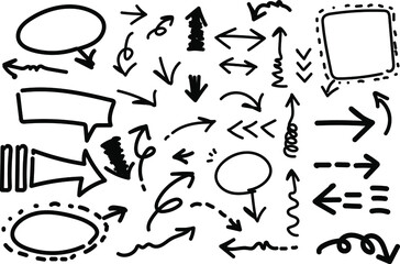 Hand drawn vector arrows set. Big set of flat arrows isolated on white background. Collection of concept arrows for web design, mobile apps, interface and more.