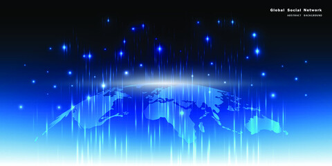 Map of the planet. World map. Global social network. Future. Vector. Blue futuristic background with planet Earth. Internet and technology. Floating blue plexus geometric background.