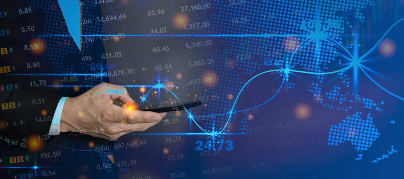 Financial growth graph on smart phone and currency symbol on night city life china town background