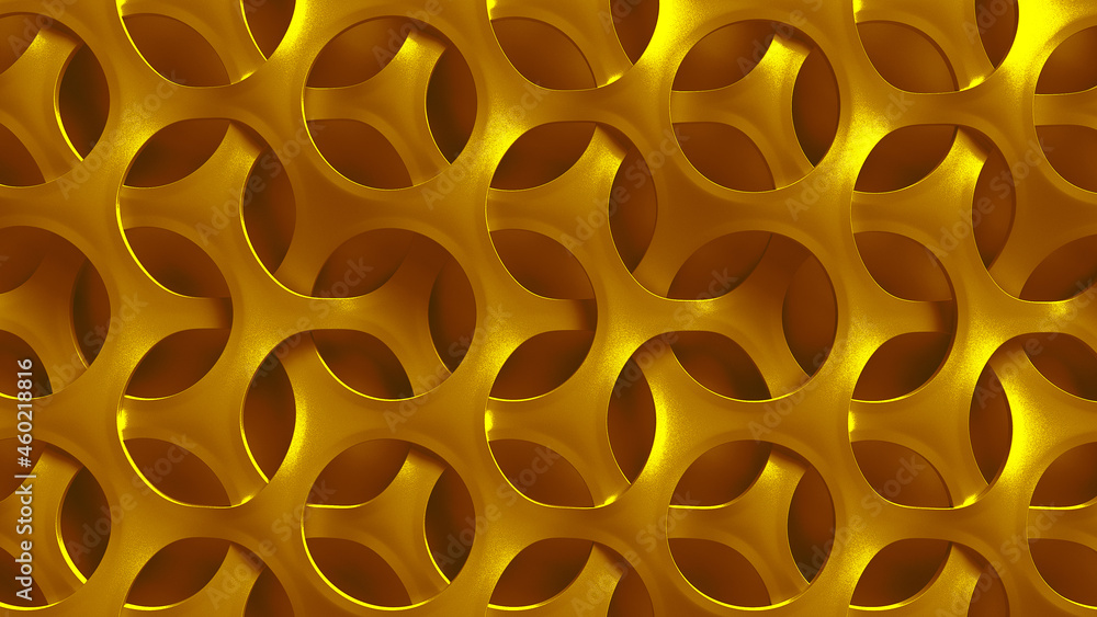 Poster 3d rendering of gold abstract background closeup. metallic gold background with pattern. circle hole