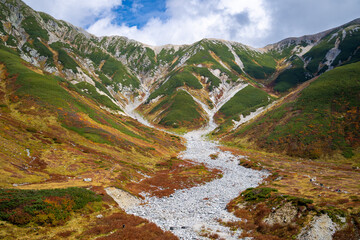 富山県立山町の立山の秋の紅葉の季節に登山している風景 Scenery of climbing Tateyama Mountain in Tateyama Town, Toyama Prefecture, Japan during the season of autumn leaves. 