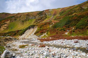 富山県立山町の立山の秋の紅葉の季節に登山している風景 Scenery of climbing Tateyama Mountain in Tateyama Town, Toyama Prefecture, Japan during the season of autumn leaves. 