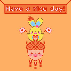 Happy Autumn concept. Happy cute bunny hold heart flag flying on acorn rocket. Orange background. Kawaii rabbit adorable animal cartoon character smile doodle art design. Have a nice day! Lovely card.