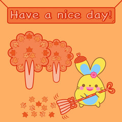 Happy Autumn concept. Happy cute bunny sweeping maple leaves with broom. Orange background. Kawaii rabbit adorable animal cartoon character smile doodle vector design. Have a nice day! Lovely card.