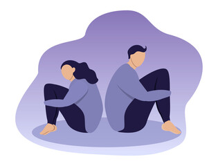 vector illustration on the theme of quarrel, difficulties and problems in relationships. a guy and a girl sit with their backs to each other. trend illustration in flat style