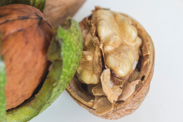half a walnut on a gray-white background macro