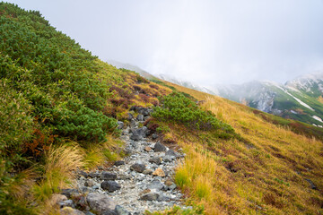 富山県立山町の立山の秋の紅葉の季節に登山している風景 Scenery of climbing Tateyama Mountain in Tateyama Town, Toyama Prefecture, Japan during the season of autumn leaves. 