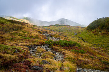 富山県立山町の立山の秋の紅葉の季節に登山している風景 Scenery of climbing Tateyama Mountain in Tateyama Town, Toyama Prefecture, Japan during the season of autumn leaves. 