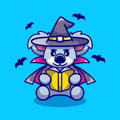 cute koala halloween witch reading a book