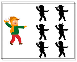 Puzzle game for kids find the right shadow, cute cartoon kids playing snowballs. vector isolated on a white background