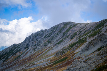 富山県立山町の立山の秋の紅葉の季節に登山している風景 Scenery of climbing Tateyama Mountain in Tateyama Town, Toyama Prefecture, Japan during the season of autumn leaves. 