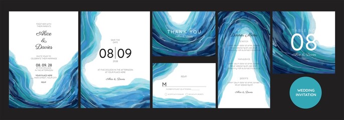 wedding invitation set with watercolor texture abstract theme, simple and luxury