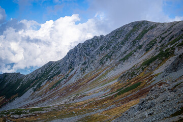 富山県立山町の立山の秋の紅葉の季節に登山している風景 Scenery of climbing Tateyama Mountain in Tateyama Town, Toyama Prefecture, Japan during the season of autumn leaves. 