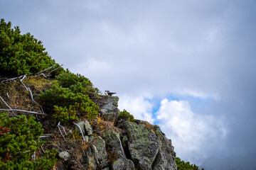 富山県立山町の立山の秋の紅葉の季節に登山している風景 Scenery of climbing Tateyama Mountain in Tateyama Town, Toyama Prefecture, Japan during the season of autumn leaves. 