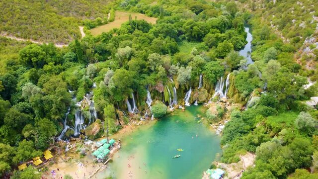 Drone View Of Amazing Kravice Falls - National Reserve In Studenci, Ljubuski, Bosnia and Herzegovina. Aerial
