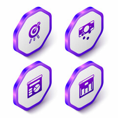 Set Isometric Target financial goal, Stacks paper money cash, Pie chart infographic and Browser with stocks market icon. Purple hexagon button. Vector