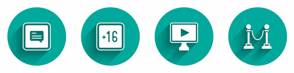 Set Video with subtitles, Plus 16 movie, Online play video and Rope barrier icon with long shadow. Vector