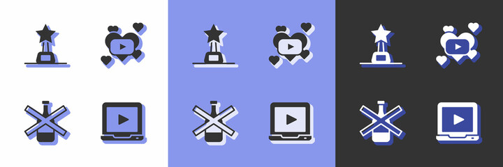 Set Online play video, Movie trophy, No alcohol and Romantic movie icon. Vector