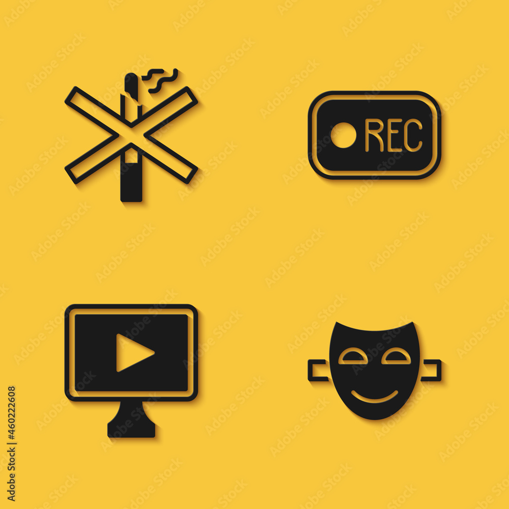 Poster Set No smoking, Comedy theatrical mask, Online play video and Record button icon with long shadow. Vector