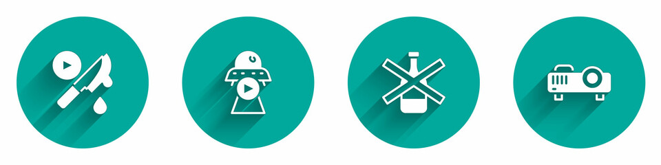 Set Thriller movie, Science fiction, No alcohol and Movie, film, media projector icon with long shadow. Vector