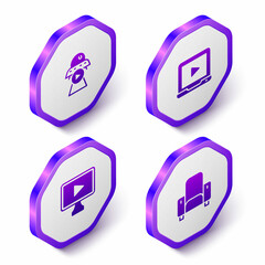Set Isometric Science fiction, Online play video, and Cinema chair icon. Purple hexagon button. Vector