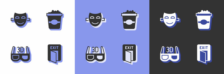 Set Fire exit, Comedy theatrical mask, 3D cinema glasses and Popcorn cardboard box icon. Vector