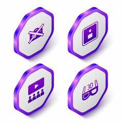 Set Isometric Prohibition no video recording, Play Video, Cinema auditorium with screen and 3D cinema glasses icon. Purple hexagon button. Vector