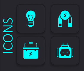 Set Tee plug electric, Creative lamp light idea, Magnet and Toolbox electrician icon. Black square button. Vector